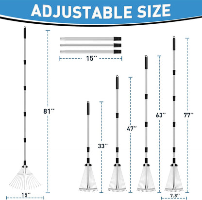 Garden Rake for Leaves, Heavy Duty Metal Adjustable Leaf Rake for Lawns, Length 37"-81", Adjustable Expandable Head 8"-15", Garden Tools for Lawn Garden Yard Flowers Beds Bush