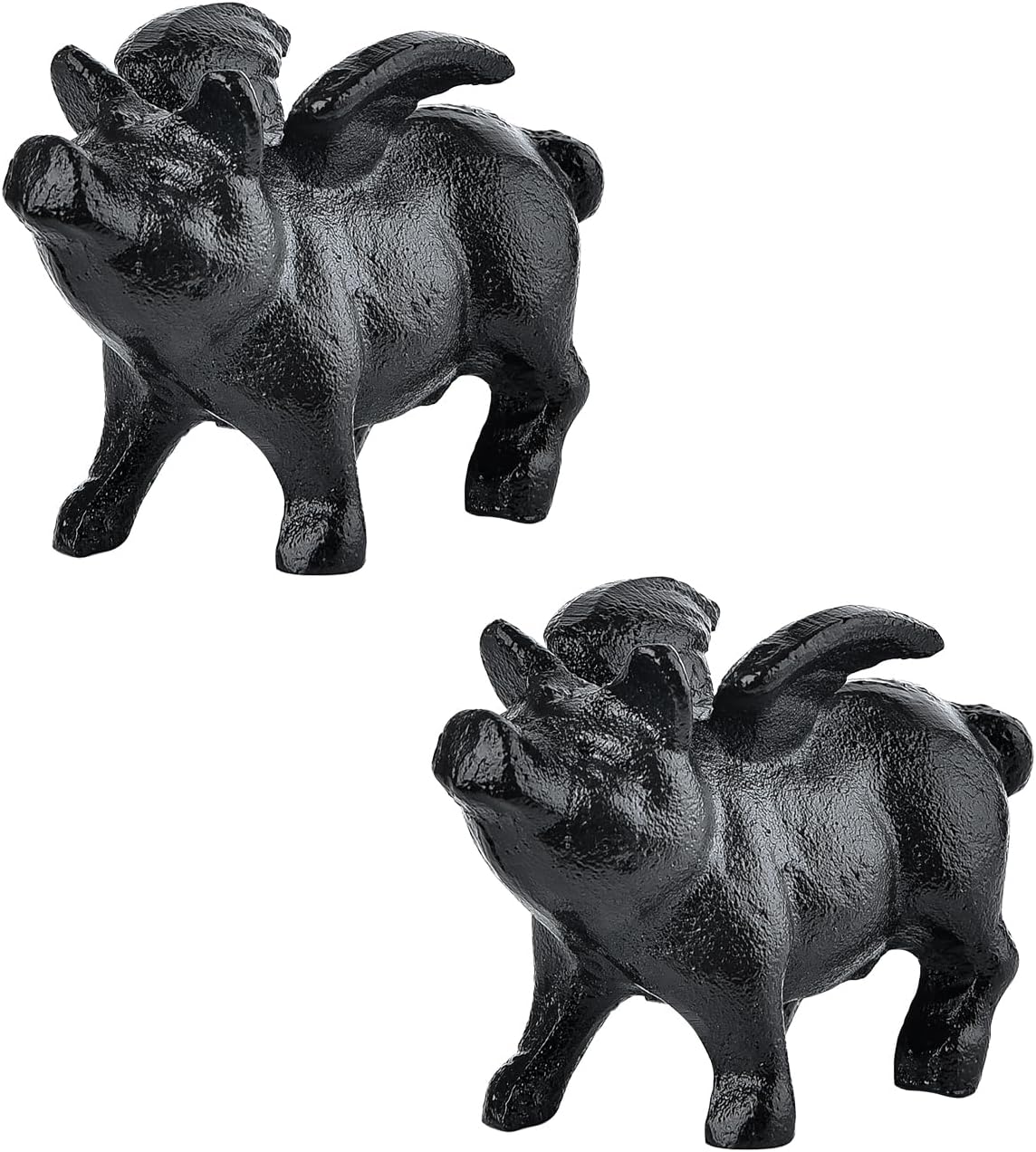 Sungmor Whimsical Cast Iron Flying Pig Statue, 2pcs Rustic Black Cute Little Piggy Paperweight, Garden Collection Figurine Home Office Desk Ornament, Indoor Outdoor Animal Statues