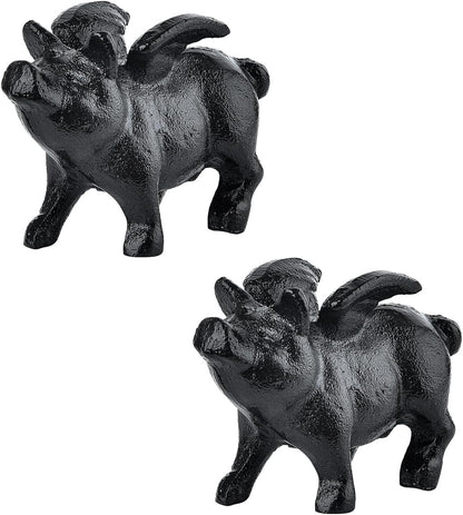 Sungmor Whimsical Cast Iron Flying Pig Statue, 2pcs Rustic Black Cute Little Piggy Paperweight, Garden Collection Figurine Home Office Desk Ornament, Indoor Outdoor Animal Statues