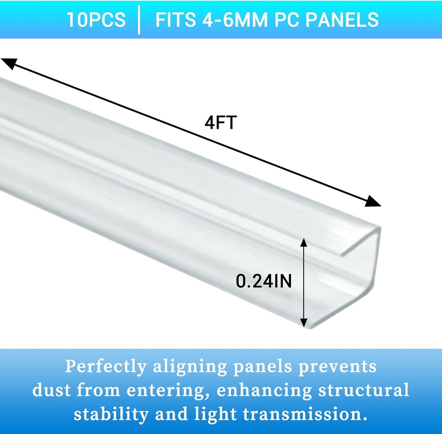 10 PCS Polycarbonate Greenhouse U Connector Profile 4ft Length Fits 0.16’’ & 0.24’’ Twin-Wall Polycarbonate Panels Duty Dust Rain & Moisture Protection Durabler (U-Clip 4' × 0.71’’ × 0.24’’)