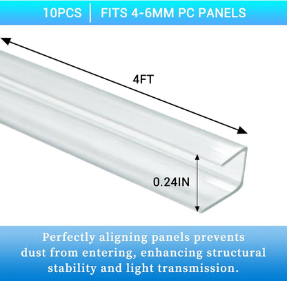 10 PCS Polycarbonate Greenhouse U Connector Profile 4ft Length Fits 0.16’’ & 0.24’’ Twin-Wall Polycarbonate Panels Duty Dust Rain & Moisture Protection Durabler (U-Clip 4' × 0.71’’ × 0.24’’)