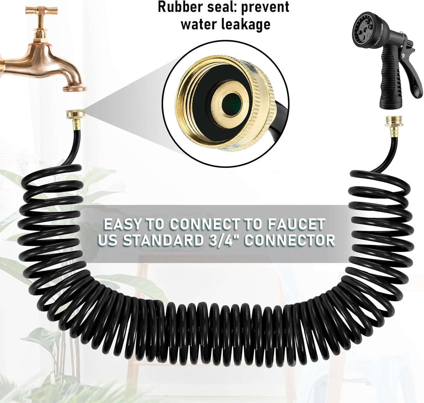 Pangda 25 Ft x 3/8'' Coil Garden Hose EVA Recoil Garden Self Coiling Expanding Water Hose with 6 Function Spray Nozzle Universal 3/4'' Brass Connector Fitting for Outdoor Yard(Black)
