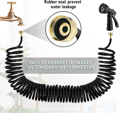 Pangda 25 Ft x 3/8'' Coil Garden Hose EVA Recoil Garden Self Coiling Expanding Water Hose with 6 Function Spray Nozzle Universal 3/4'' Brass Connector Fitting for Outdoor Yard(Black)