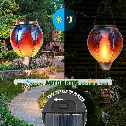 Hot Air Balloon Solar Lantern - Simulated Flickering & Dancing Flame Glass Lantern , Outdoor Hanging Yard Light Waterproof IP65 for Garden Patio Lawn Porch Decor Gift