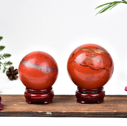 JIC Gem Red Jasper Crystal Sphere Ball Natural Quartz Crystal Sphere Ball with Wooden Stand (50-60mm)