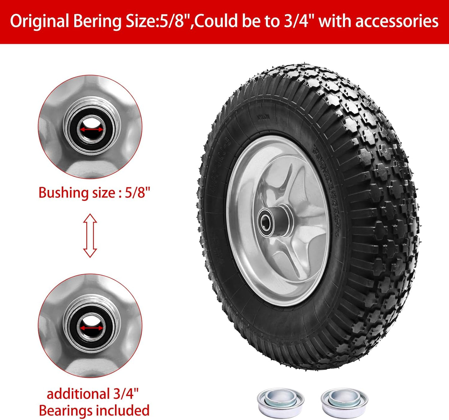 4.80/4.00-8" Tire, 16" Pneumatic Wheelbarrow Tire and Wheel with 5/8" Bearings (Extra 3/4") and 3" Centered Hub for Wheelbarrow/Garden Carts/Hand Truck/Yard Wagon Dump Cart (2-Pack)