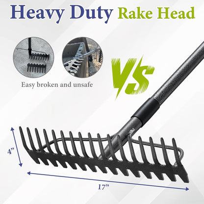 Adjustable Bow Rake Heavy Duty, Dual-Sided Steel Garden Rake Tool for Gathering Leaves, Pine Straw, Thatching, Breaking Up Soil, Leveling Gravel
