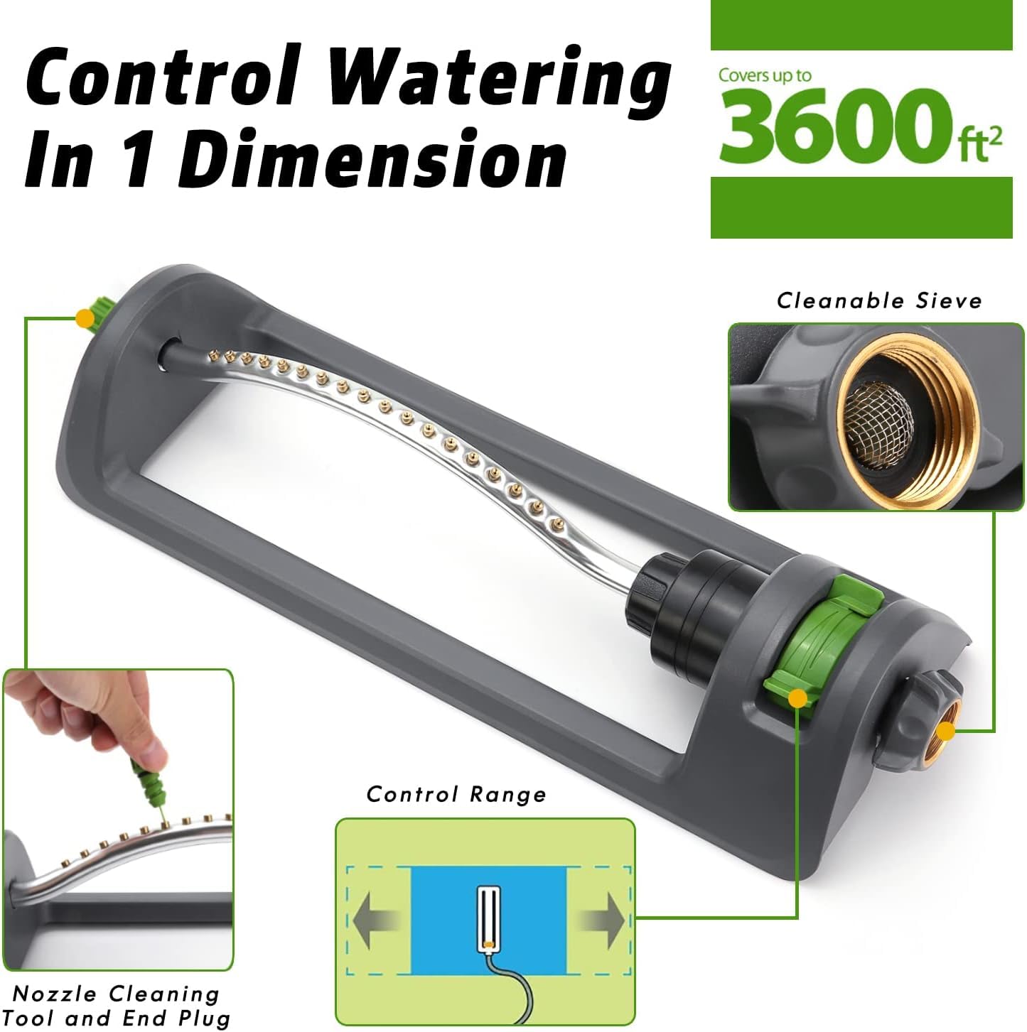 Lawn Sprinkler, 18-Hole Brass Nozzle Oscillating Sprinkler, Garden Tool for Lawns up to 3,600