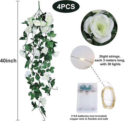 RECUTMS Artificial Rose Vine Plants Hanging 4Pieces 3.3Ft,Fake Light up Vines with 30 LED Lights Decor for Home, Office,Room, Door, Garden,Porch, Wedding Decoration (White)