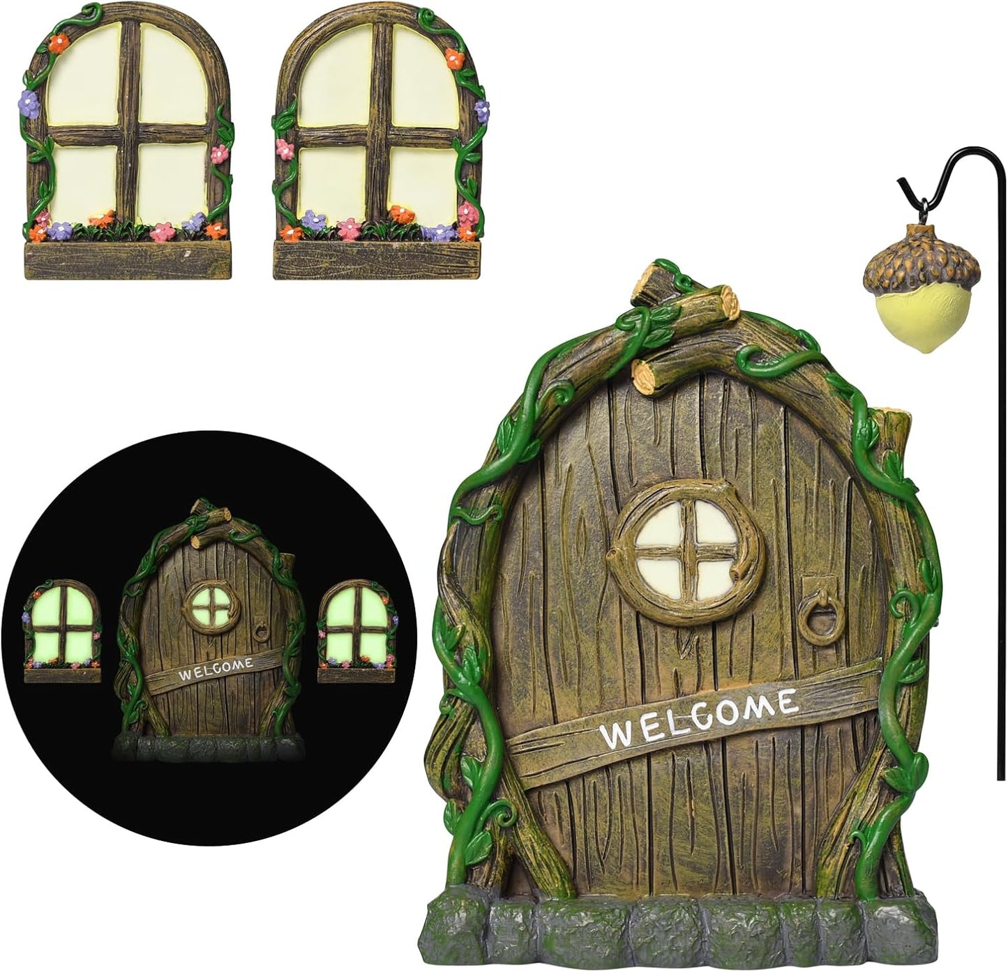 Resin Fairy Door and Window with Lantern for Trees,Glow in The Dark,Miniature Fairy Garden Accessories,Garden Outdoor Decorations for Trees,Gnomes House,Elf House
