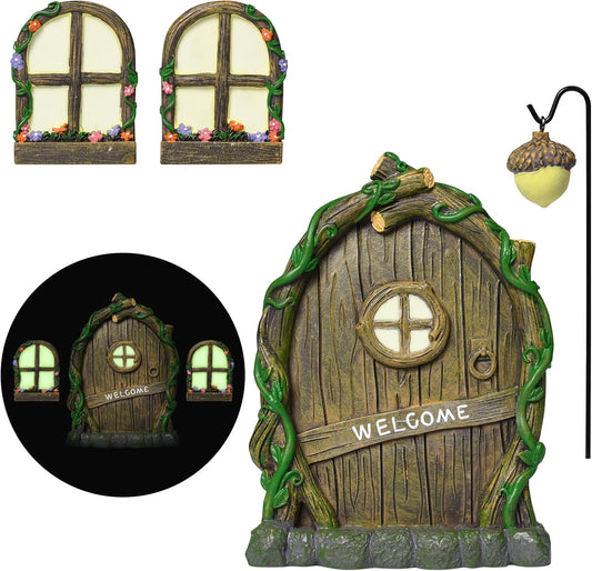 Resin Fairy Door and Window with Lantern for Trees,Glow in The Dark,Miniature Fairy Garden Accessories,Garden Outdoor Decorations for Trees,Gnomes House,Elf House