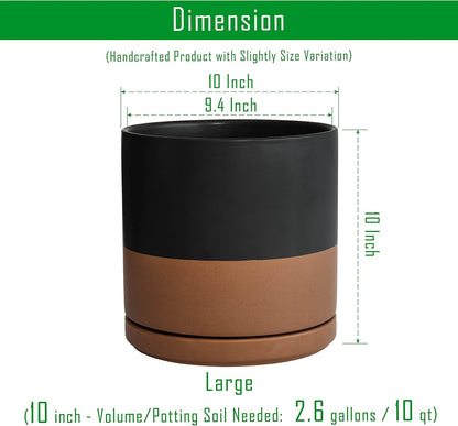 D'vine Dev Set of 2 Plants Pot, 10 Inch Ceramic Planter Pot for Plants with Drainage Hole and Saucer, Black/Speckled Tan, 94-V-E-7