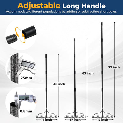 49" Rake - 17" Extra Wide Garden Tool with Double-Sided Head, Heavy Duty Lightweight Stainless Steel Construction for Mulching & Debris Removal, Leveling Lawn, Loosening Soil, Leaf Cleanup, Soil Prep