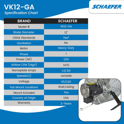 Schaefer VK12-GA VersaKool Air Circulator Fan, Ceiling Wall Mount & Aluminum Blade, 1470 CFM, 1/10 hp, Energy-Efficient Commercial Fan for Patio, Garage, Industrial & Workshop (Silver)