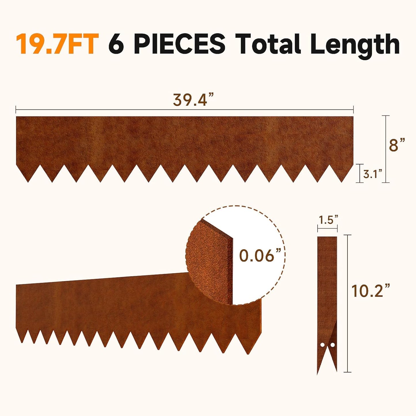 19.7ft.Cor-Ten Weathering Steel Landscape Edging(6 Pack)-8"x39.4"- Pre-Rusted Garden Edging with 7 Clips & Gloves - Durable,Flexible, Easy-to-Install for Landscaping,Tree Rings,Lawn & Garden