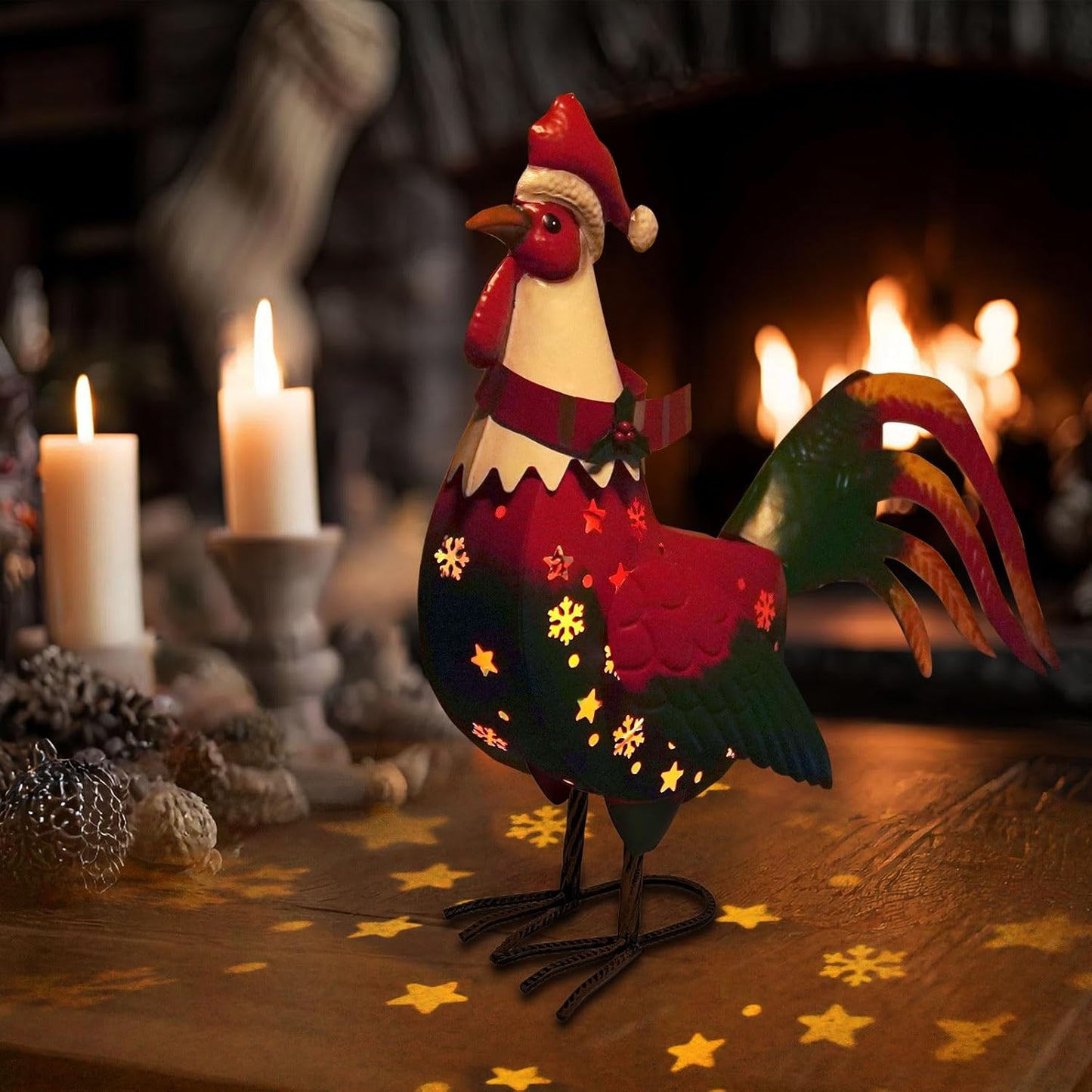 LIFFY Christmas Rooster Yard Decor,18" Metal Chicken Outdoor Decor with Solar Light,Garden Rooster Statues for Outside,Patio Decorative Ornaments for Home Backyard Landscape
