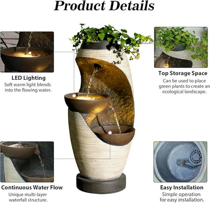 27.95''H Outdoor Garden Water Fountain, 2-Tier Bowl Shaped Floor - Standing Waterfall Fountain Indoor with LED Lights for Yard, Garden, Patio,Backyard & Home Decor