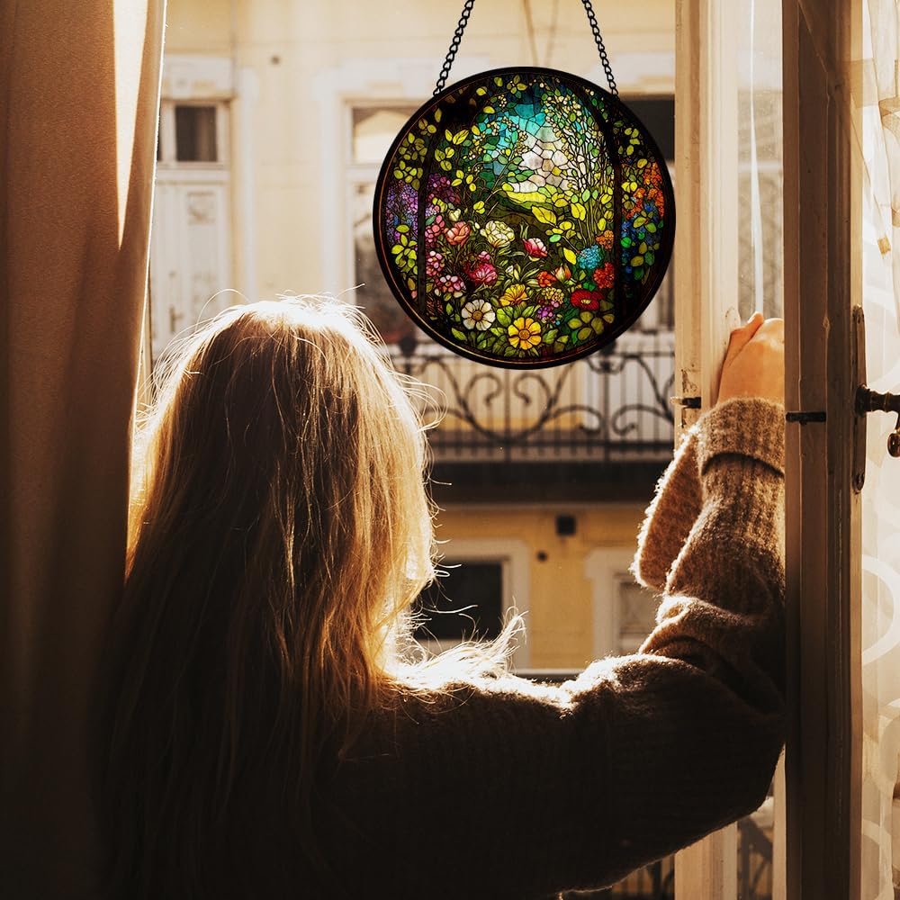 Blooming Flower Stained Glass Window Hanging, Floral Stained Glass Window Hanging, Suncatcher Panel Decorations, Floral Glass Ornament for Indoor Outdoor Wall, Garden Decor Gifts for Housewarming