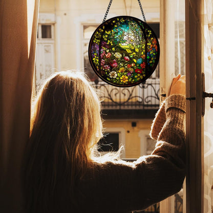Blooming Flower Stained Glass Window Hanging, Floral Stained Glass Window Hanging, Suncatcher Panel Decorations, Floral Glass Ornament for Indoor Outdoor Wall, Garden Decor Gifts for Housewarming
