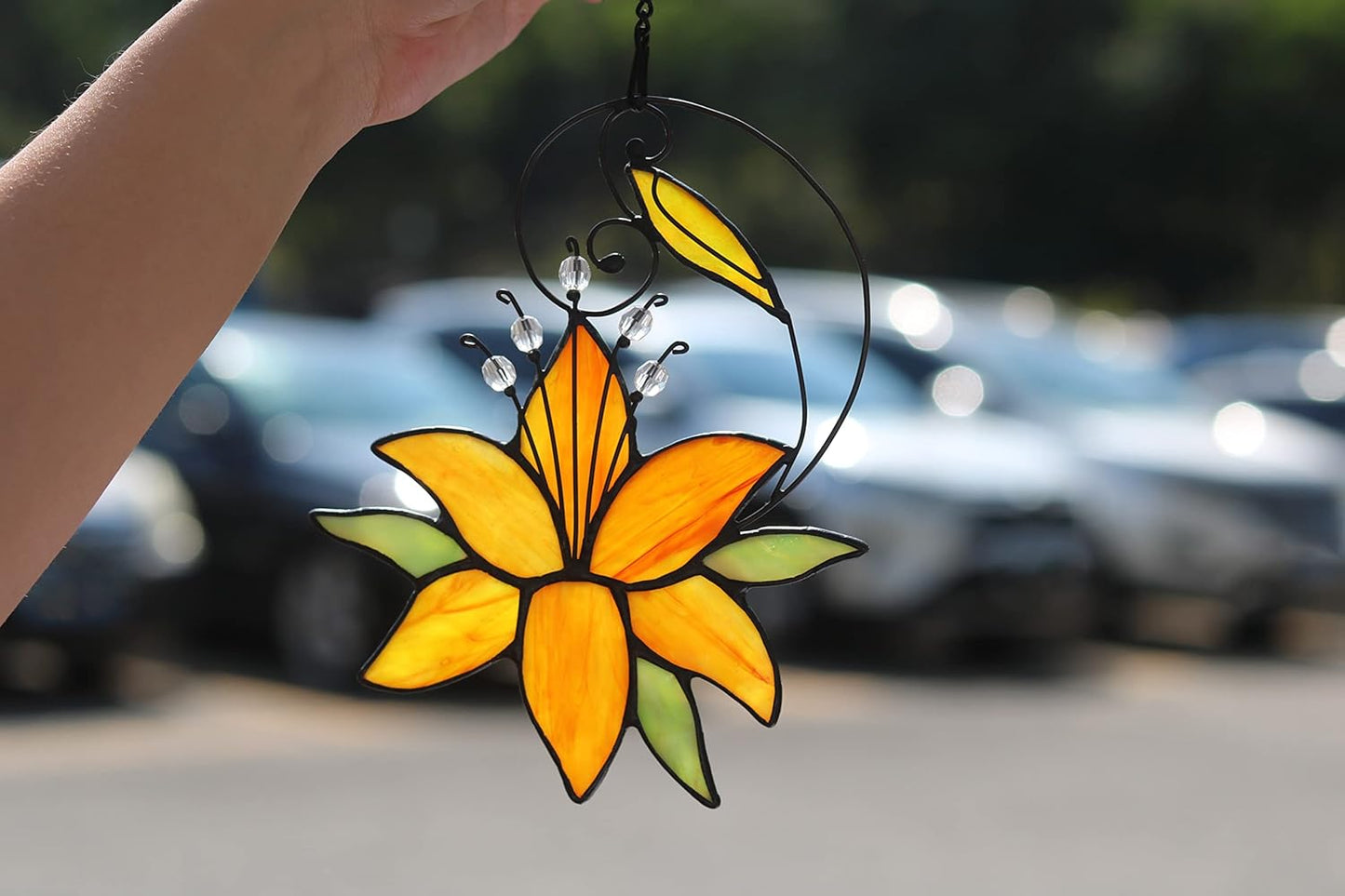 Orange Tiger Lily Flower Gift for Her Women, Love Gift Stained Glass Window Hanging Floral Suncatcher for Mother's Day Birthday, Valentine Day Gifts for Women Girlfriend