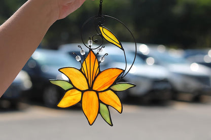 Orange Tiger Lily Flower Gift for Her Women, Love Gift Stained Glass Window Hanging Floral Suncatcher for Mother's Day Birthday, Valentine Day Gifts for Women Girlfriend