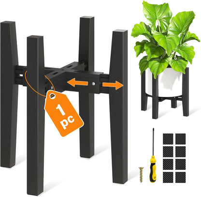 LASZOLA Bamboo Adjustable Plant Stand for Single Large Indoor Planters, Heavy Duty Floor Fern Holder Fits 8 to 12 Inch Pots, Mid Century Elevated Big Stool for Flower– Pot Not Included, Black, 1 Pack