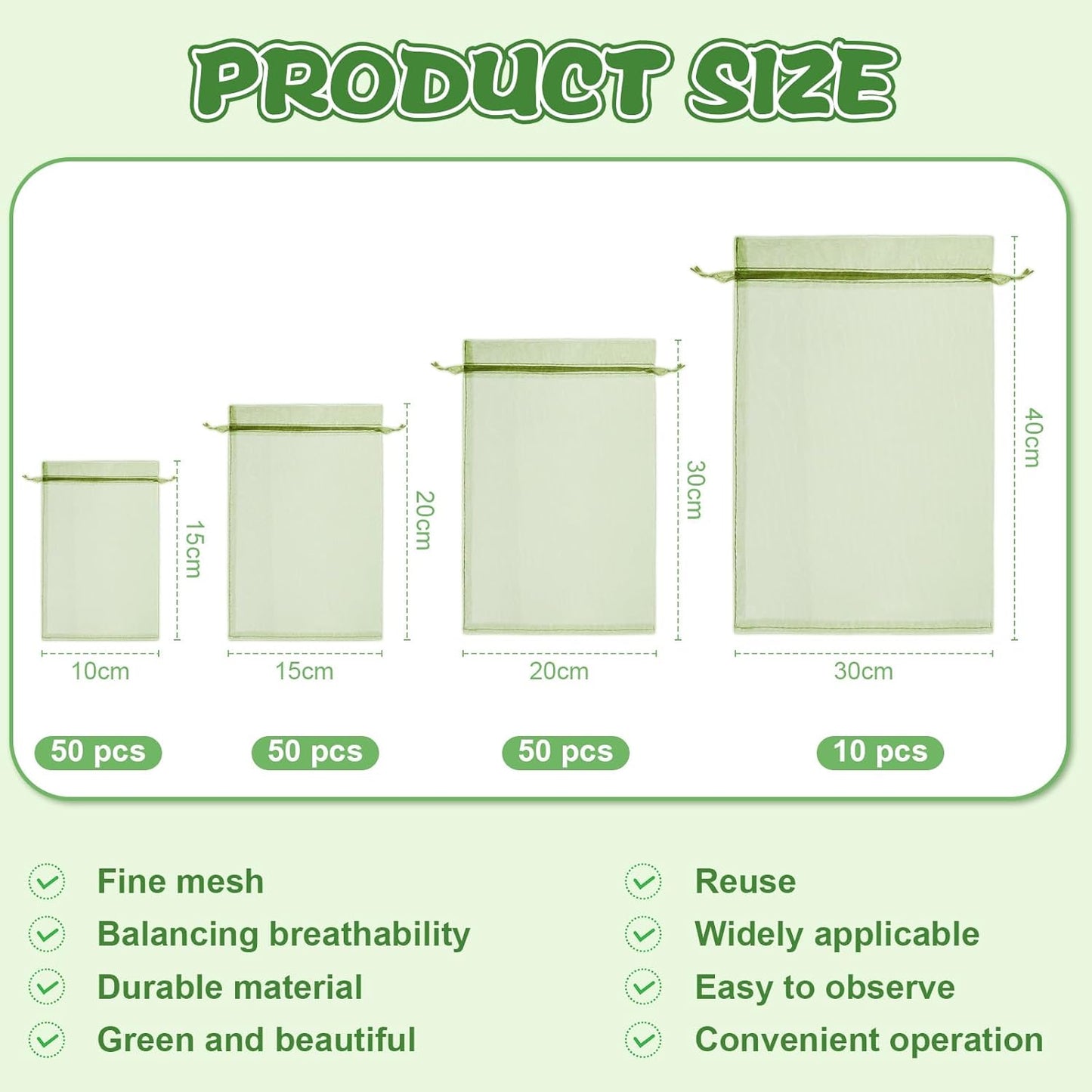 SATINIOR 160 Pcs Fruit Protection Bags, Green Netting Bags, Fruit Cover Mesh Garden Organza Bag with Drawstring for Vegetable Tomato Plant Flower Mosquito Bug Insect Bird Net Barrier