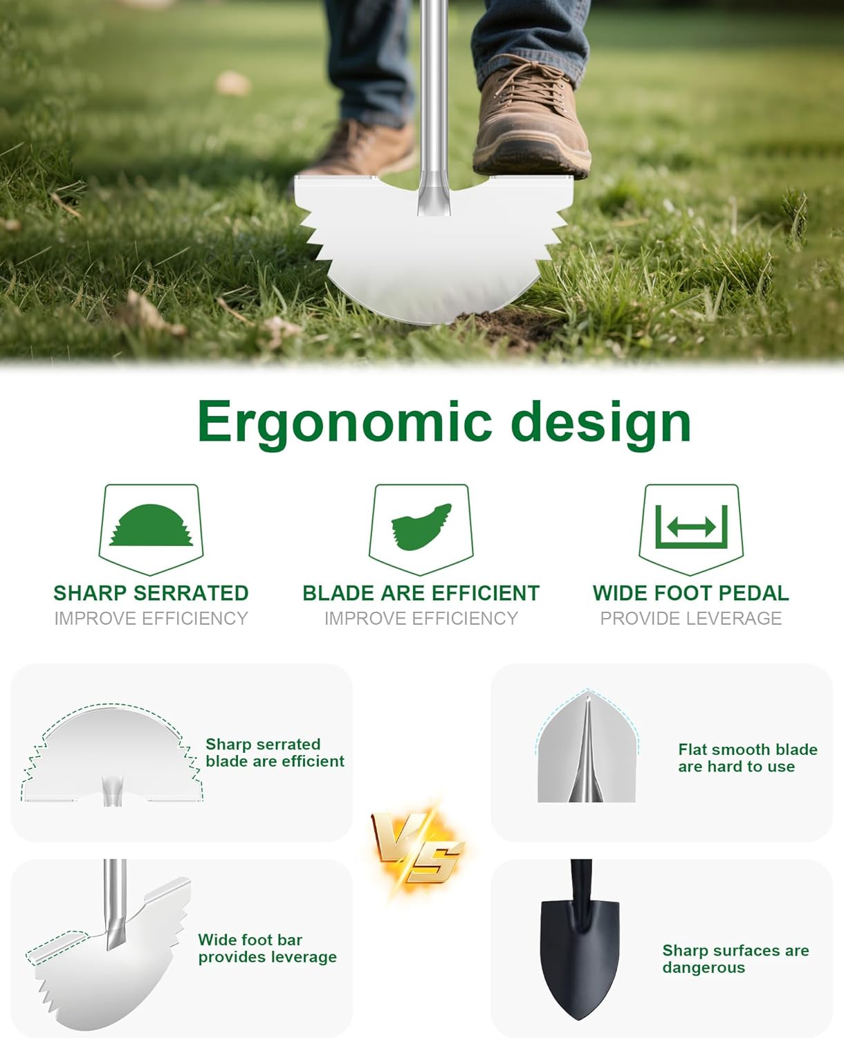 Serrated Edger Lawn Tool - Half Moon Shovel with Softer T-Handle, Lawn Edger for Yard, Garden, Landscaping, Sidewalk, Cable Burial - Ergonomic Design, Rust-Proof, 38 in