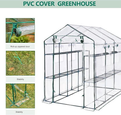Greenhouse, 57 x 85 x 77'' Greenhouses for Outdoors, with Mesh Side Windows, PE Cover, 8 Shelves, Heavy Duty Walk in Green House for Backyard Garden Indoor, White& Green Outside