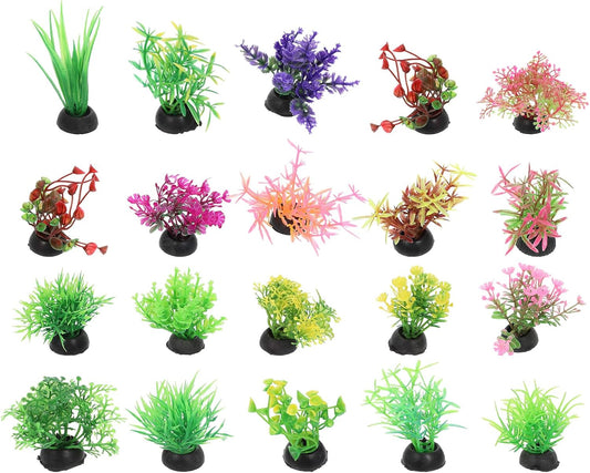 20pcs Fish Tank Decorations Set Aquarium Plants, Colorful Artificial Decor - Mini Plastic Water