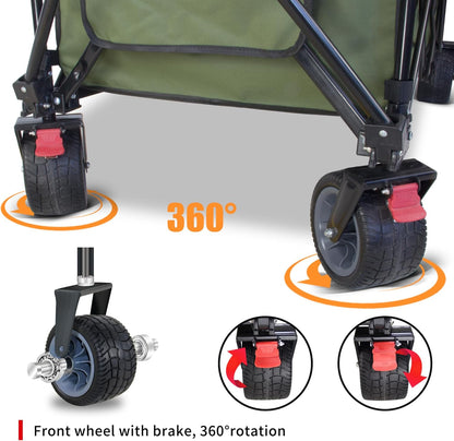 TMZ Collapsible Wagon 445L Extra Large Outdoor Utility Cart, Heavy Duty Carts Foldable with All-Terrain Big Wheels, Canopy and Brakes, Utility Beach Wagon for Outdoor Garden (Green)
