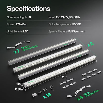 VIVOSUN 2ft Grow Lights for Indoor Plants Full Spectrum, LED Plant Lights 120W(8 X 15W), T5 Grow Light Strip for Seed Starting, Greenhouse, Hydroponics, SGS Compatible, Linkable, 5000K, 8-Pack