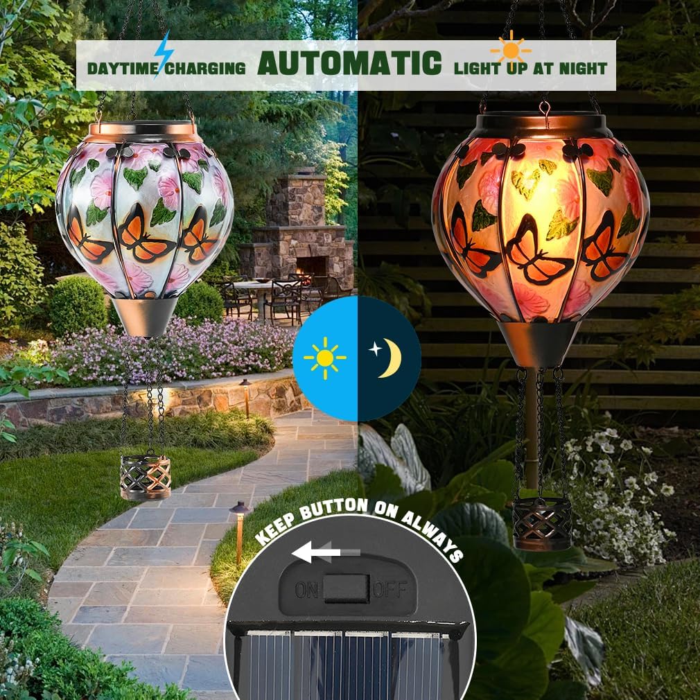 Hot Air Balloon Solar Lantern - Butterfly Stained Glass Lantern, Simulated Flickering & Dancing Flame, Outdoor Hanging Yard Light Waterproof IP65 for Patio Lawn Porch Decor Gift
