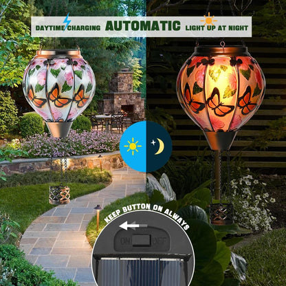 Hot Air Balloon Solar Lantern - Butterfly Stained Glass Lantern, Simulated Flickering & Dancing Flame, Outdoor Hanging Yard Light Waterproof IP65 for Patio Lawn Porch Decor Gift