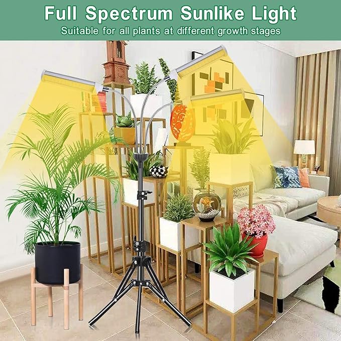 Plant Grow Light，Grow Light for Indoor Plants with 20-60'' Height Adjustable- Full Spectrum Timer, 3 Switch Modes, Adjustable Tripod Stand & Gooseneck for Larger Plants (Tri Heads)