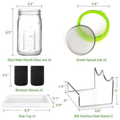 Kitmiido Seed Sprouting Kit, 2 Large Wide Mouth Mason Jars with Sprout Lids, Blackout Sleeves