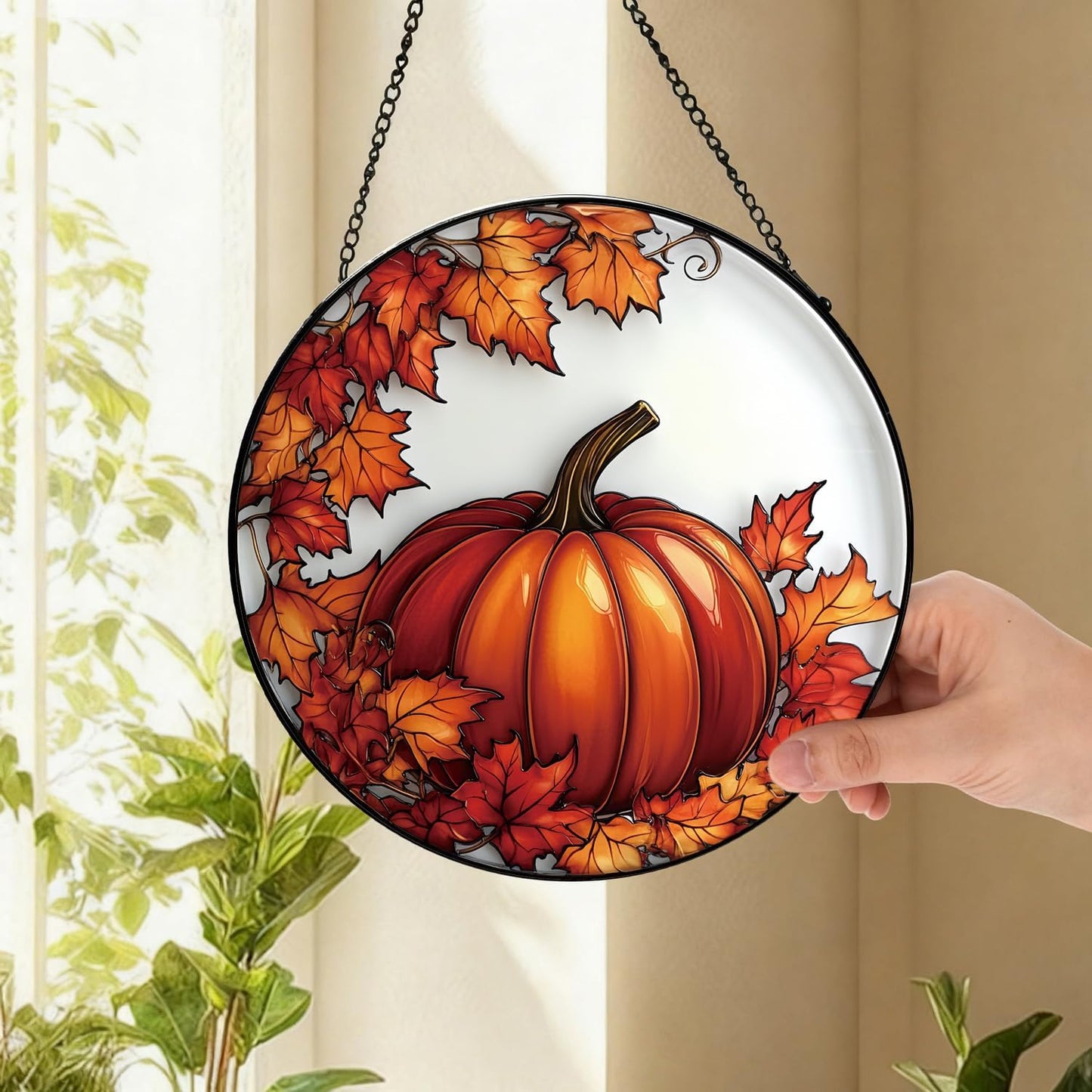 Pumpkin Maple Leaf Suncatcher -7.9 in Stained Glass Window Hanging Sun Catcher Garden Decor