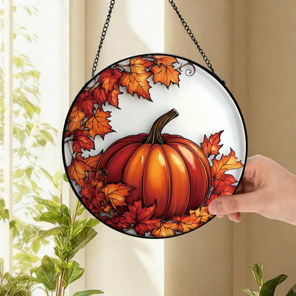 Pumpkin Maple Leaf Suncatcher -7.9 in Stained Glass Window Hanging Sun Catcher Garden Decor