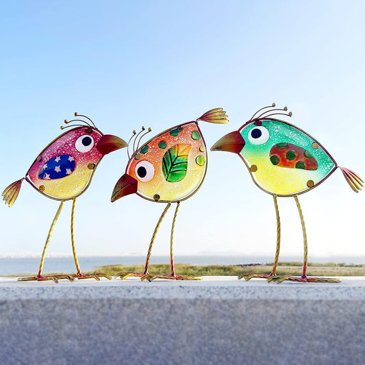 Garden Decor for Outside,Funny Metal & Glass Bird Decor for Indoor & Outdoor Set of 3,Yard Art