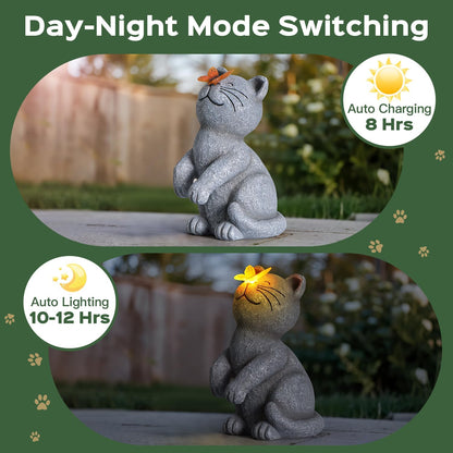 DyBaxa Solar Garden Décor, Garden Statues, Gifts for Women, Mom, Grandma, Patio, Balcony, Yard Decorations Outdoor - Unique Birthday & Housewarming Gifts, Cat Decor with Butterfly Light