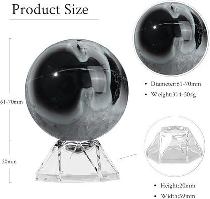 Natural Black Striped Agate Crystal Ball with Acrylic Display Base, 61-70mm Polished Stone Feng Shui Crystal Sphere Meditation Decoration for Home & Office