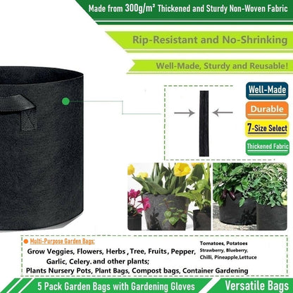 5-Pack 7 Gallon Plant Grow Bags (14x12 inch) Thickened Garden Bags Fabric Plant Pots for Tomato,Potato Planter Bag,Herbs Veggies Planters,Flower Pot,Garden Pot,Barrel Planter,Plant Container W/ Gloves