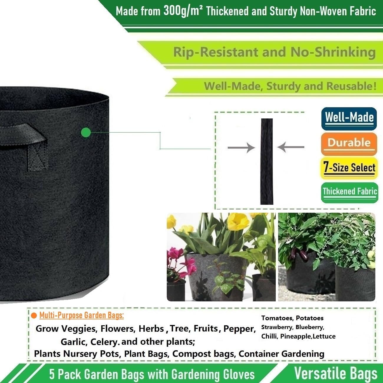 5-Pack 3 Gallon Plant Grow Bags (10x8 inch) Thickened Gardening Bags Fabric Plant Pots for Garden Pots,Flower Pot,Plant Nursery Bag,Herbs Veggies Planter Bag,Barrel Planter,Garden Container W/ Gloves