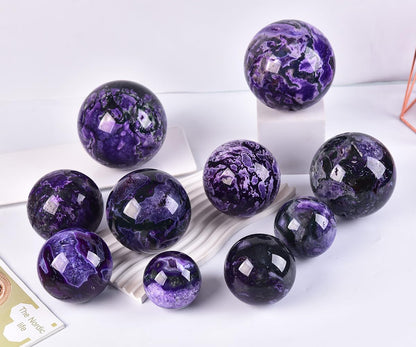 JIC Gem 3.1-3.5 inch(80-90mm) Large Purple Moss Agate Crystal Sphere Quartz Crystal Ball with Stand Healing Ornament Witchcraft Meditation Decor
