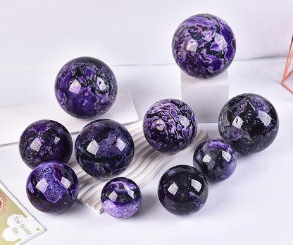 JIC Gem Purple Moss Agate Crystal Sphere Large Quartz Crystal Ball with Stand Healing Ornament Witchcraft Meditation Decor 3.5-4 inch(90-100mm)