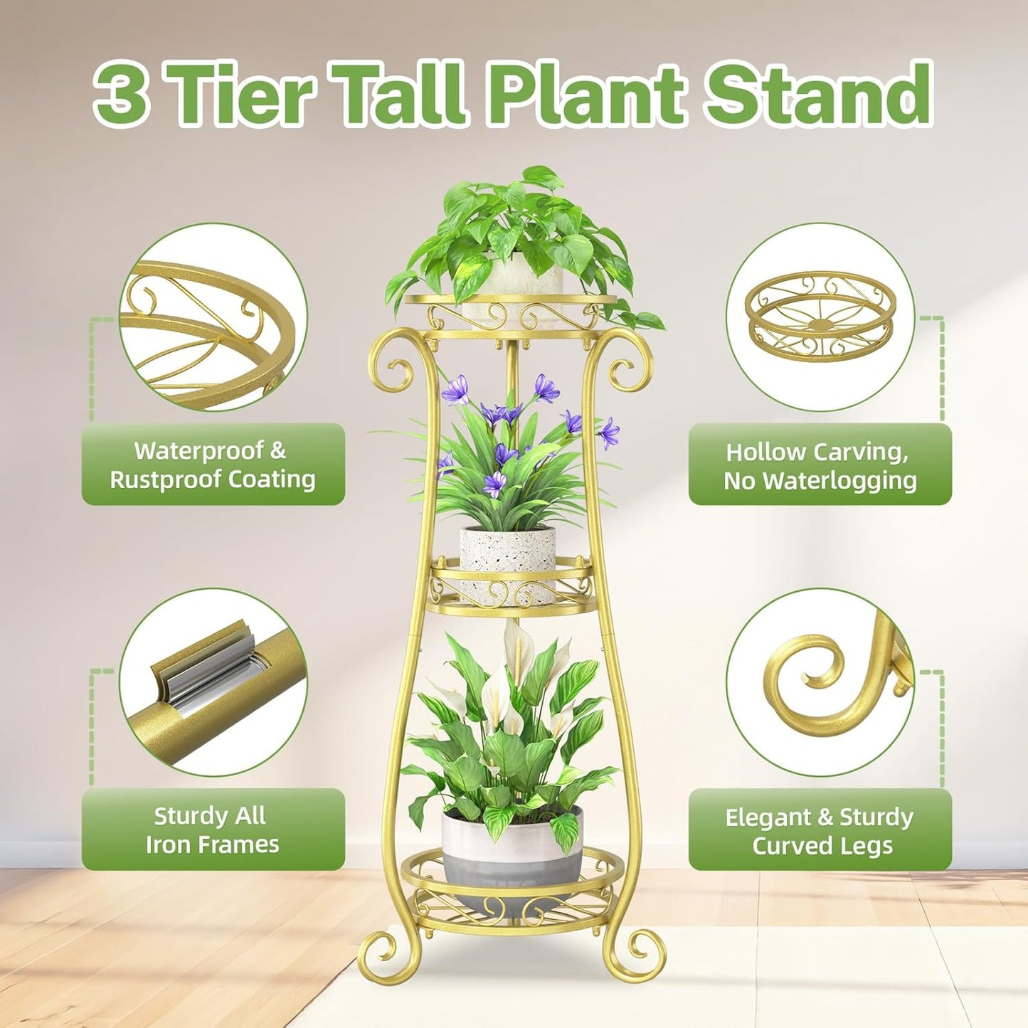 iDavosic.ly 3 Tier Metal Plant Stand Indoor Outdoor, Wrought Iron Corner Tall Flower Pot Holder Shelf, 34 Inch Vertical Heavy Duty Display Rack for Patio Porch Living Room Garden, Gold