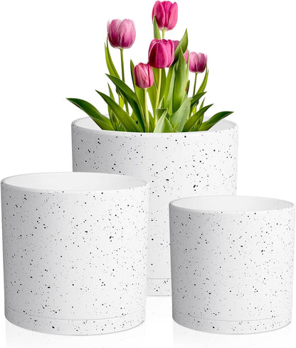 8/7/6 inch Flower Pots, 3 Set Cylindrical Plant Pots for Outdoor Indoor Plants, Decorative Plastic Planters with Drainage Holes and Saucers for Garden House Plants, White with Black Speckles