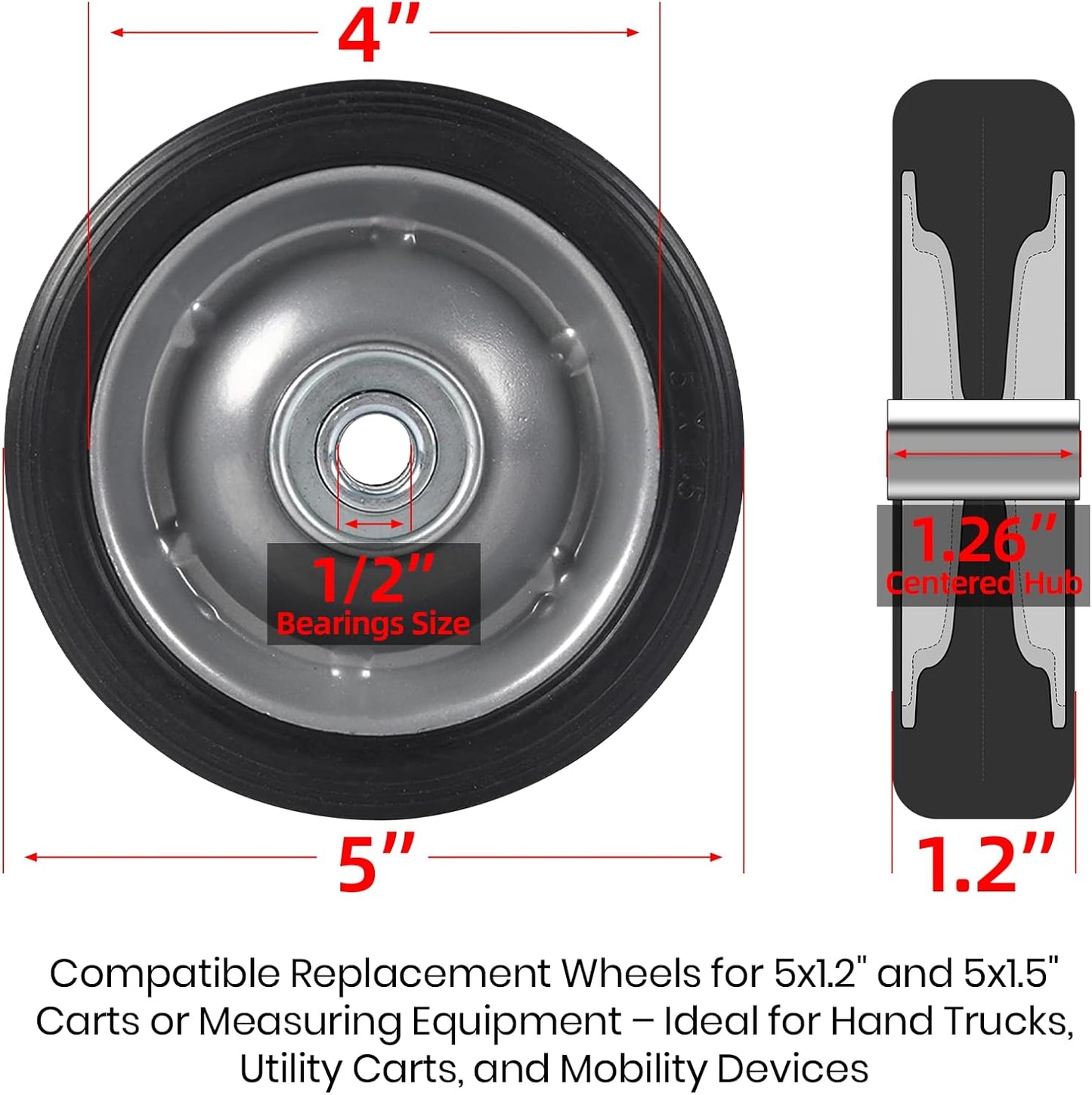 AR-PRO (2-Pack) 5" x 1.2" Flat Free Solid Rubber Wheel Assemblies - Replacement Hand Truck Wheels with Ball Bearings and 1/2" Bore Hole Diameter - Heavy-Duty Solid Rubber Tire 88 lbs Load Capacity