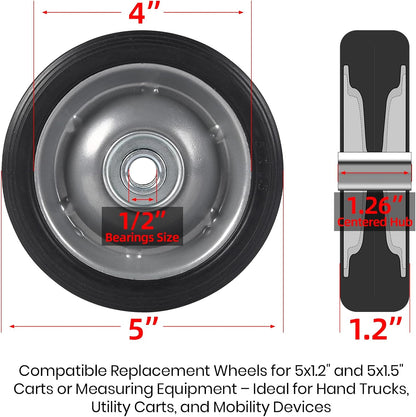AR-PRO (2-Pack) 5" x 1.2" Flat Free Solid Rubber Wheel Assemblies - Replacement Hand Truck Wheels with Ball Bearings and 1/2" Bore Hole Diameter - Heavy-Duty Solid Rubber Tire 88 lbs Load Capacity
