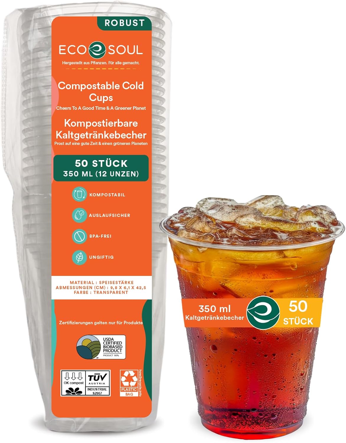 ECO SOUL 100% Clear Compostable Party Cups | (50 Count, 12 oz) | Disposable | Biodegradable | Plant Based Eco-friendly Alternative to Paper & Plastic Cups | For Weddings & Gatherings